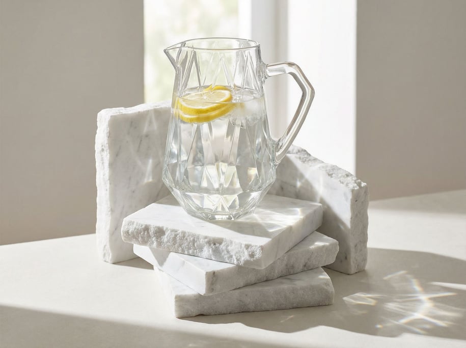 A glass pitcher with a geometric faceted surface on a pedestal of stacked rough-cut white marble pie