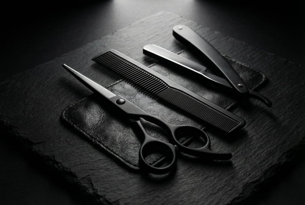 Controlled spot light from above picks out bright edge highlights on matte black grooming tools — sc