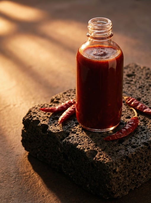 Deep ruby red sauce fills a simple glass bottle on a rough volcanic basalt block