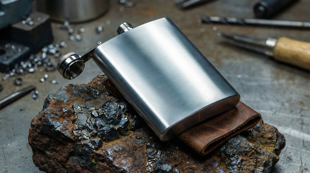 Raw iron ore and brushed satin steel: a hip flask sits on a piece of the ore that will eventually become its material