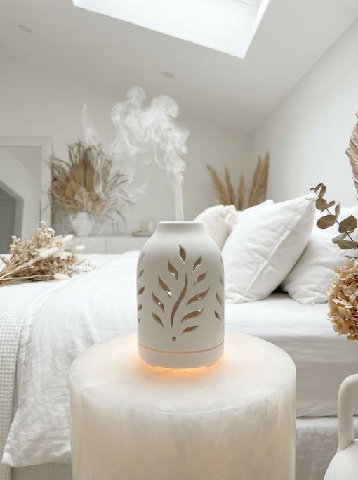 A ceramic diffuser in matte white with thin organic cutout patterns on a smooth white alabaster pedestal