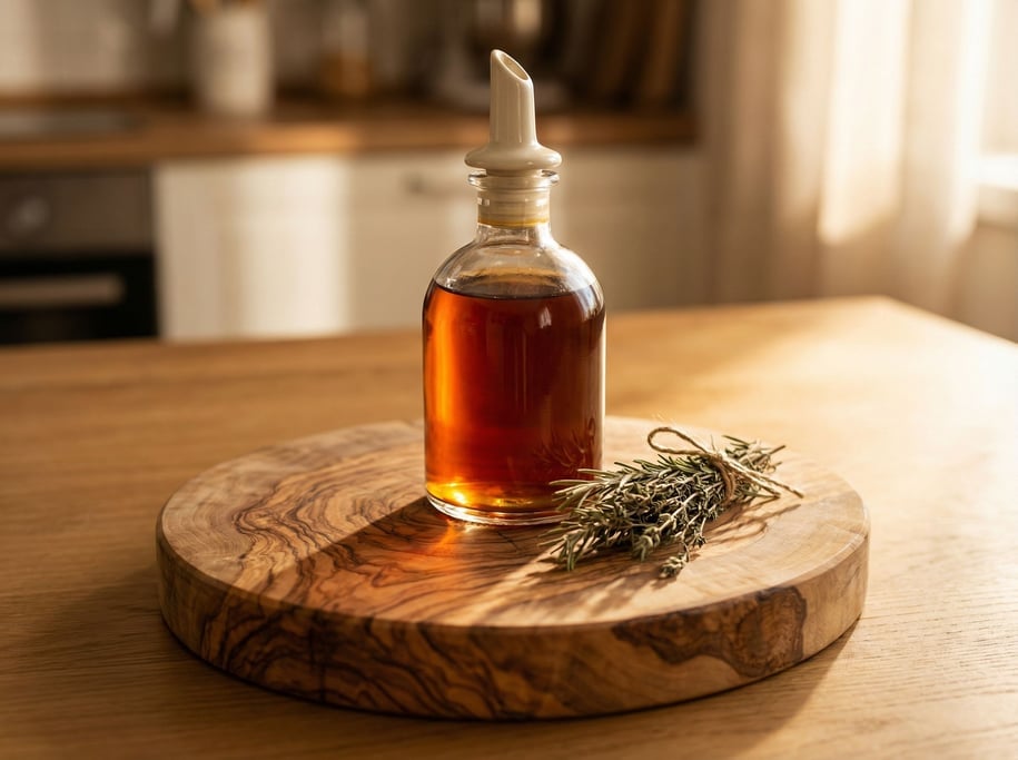 A glass bottle of artisanal vinegar with a ceramic pouring spout on a thick slice of raw olive wood
