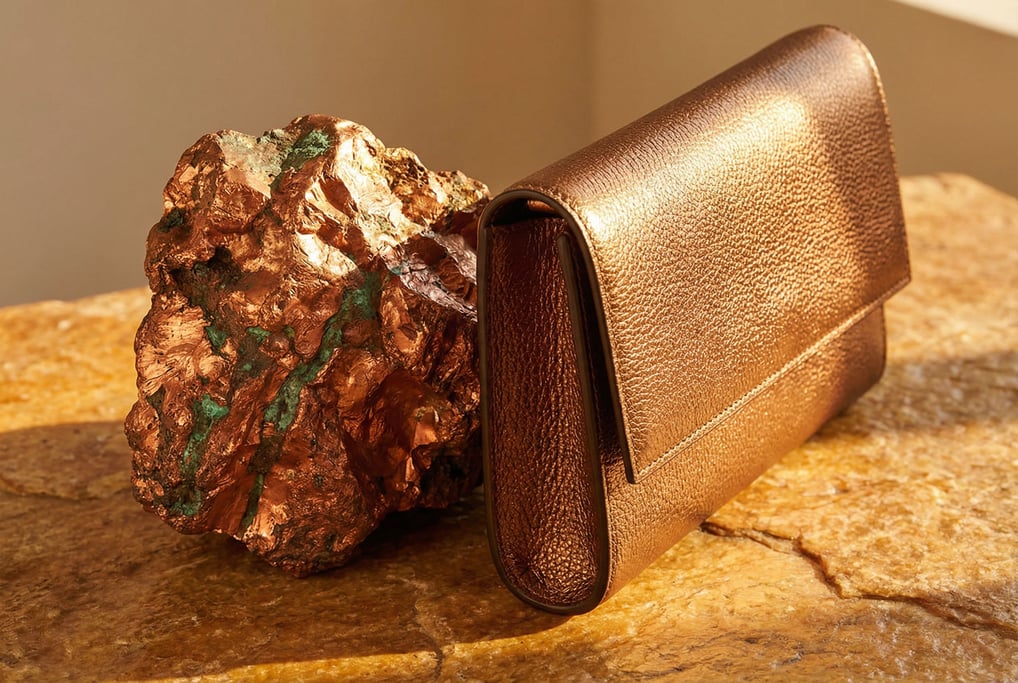 Metallic bronze leather catches warm directional light alongside a raw copper ore specimen