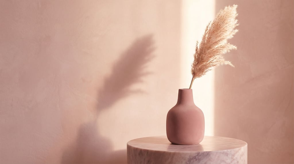 A ceramic vase in matte dusty pink with a narrow neck holding a single dried pampas grass plume on a round pink marble pedestal