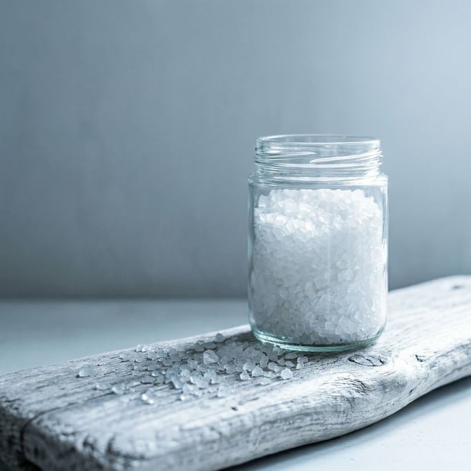 A glass jar of sea salt with large crystals visible through the glass on a piece of rough grey driftwood