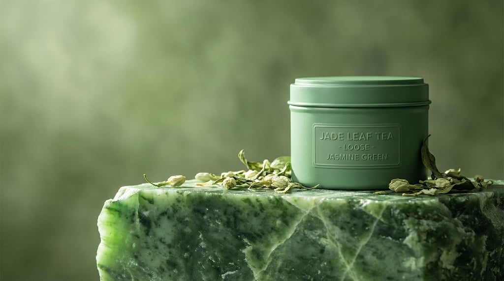Green on green on green: a jade-green tin of loose tea sits on rough nephrite jade stone