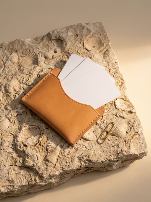 A small leather card holder in tan on a piece of rough fossil limestone
