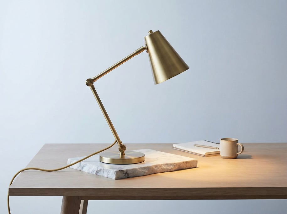 A metal desk lamp in brushed brass with a cone shade on a thick slab of raw white marble