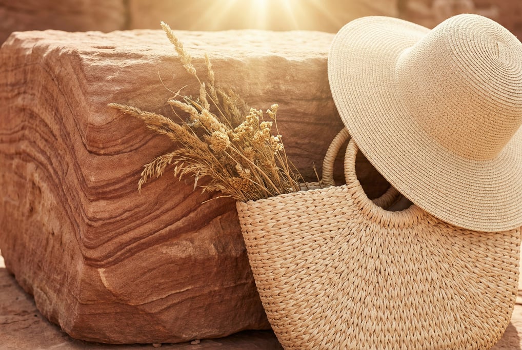 Natural straw weave, warm sandstone surface