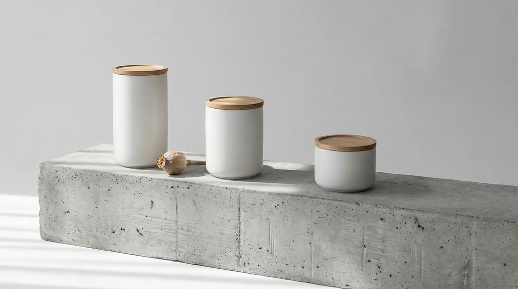 A set of three matte white ceramic canisters with wooden lids in graduated sizes on a long rectangul