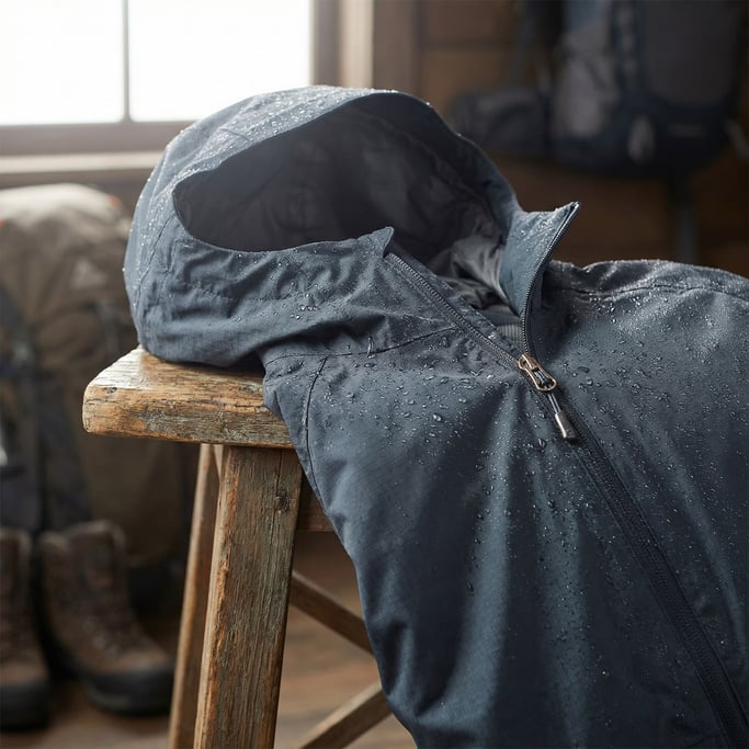 A waterproof hiking jacket draped over a weathered wooden stool