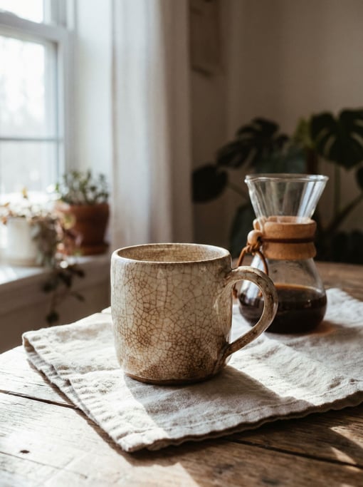 A handmade ceramic mug with a distinctive crazing glaze pattern resting on a linen napkin beside a s