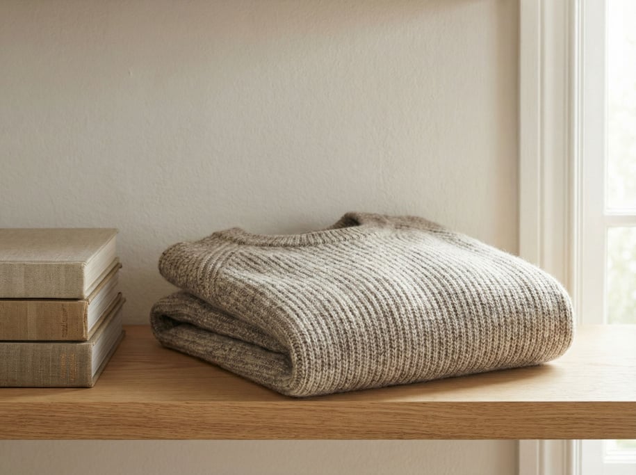 A folded merino wool crewneck sweater on a light oak shelf beside a stack of hardcover books