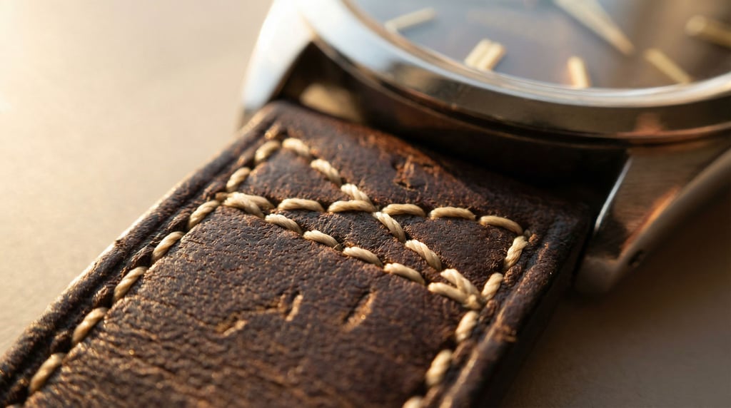 Macro shot of a leather watch strap showing the cross-stitching detail