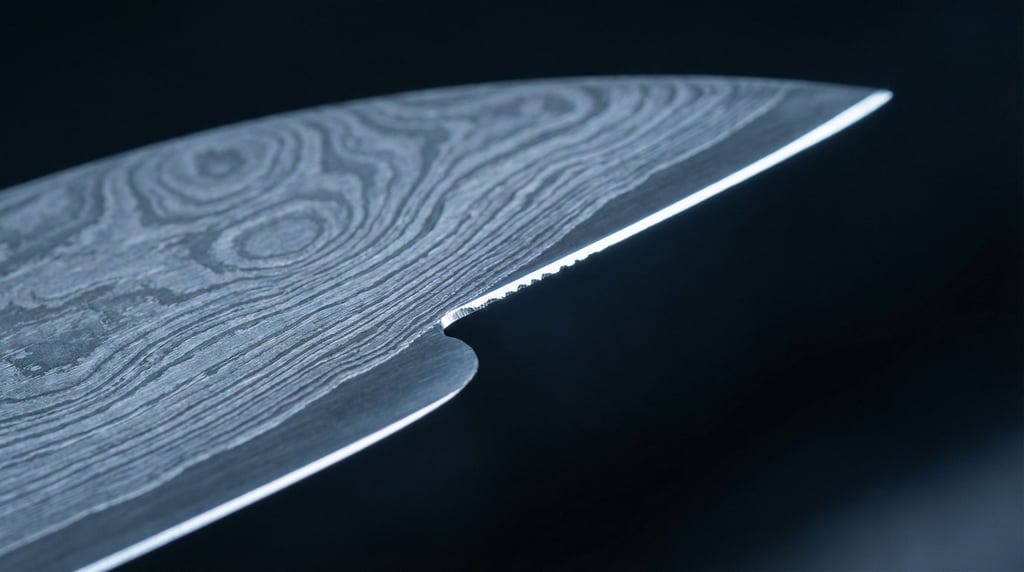 Visible layers from Damascus steel folding create a wood-grain pattern in the metal of a Japanese ch