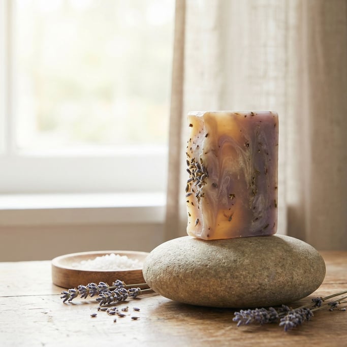 An artisan soap bar standing upright on a smooth river stone