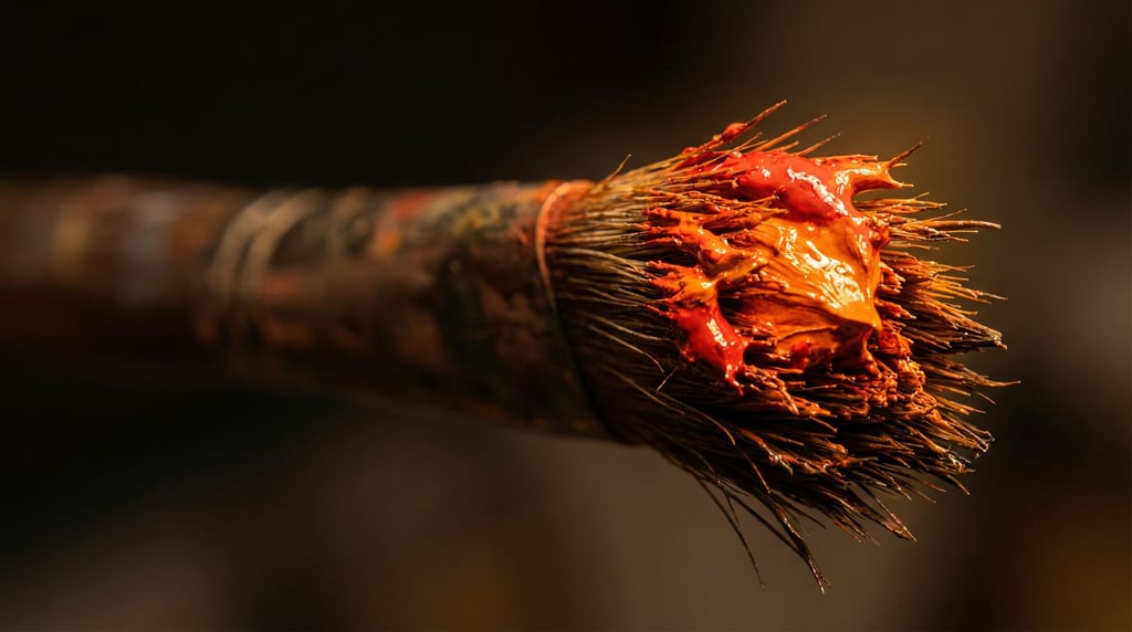 Macro photograph of a paintbrush tip loaded with oil paint