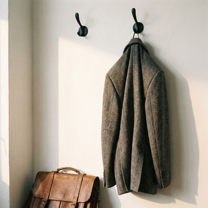 A tweed blazer hanging on a matte black coat hook against a white plaster wall