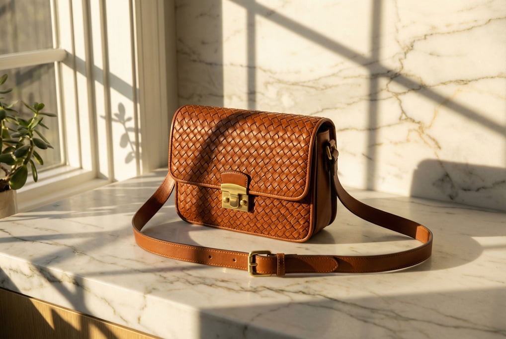 A structured woven leather crossbody bag sitting on a marble countertop