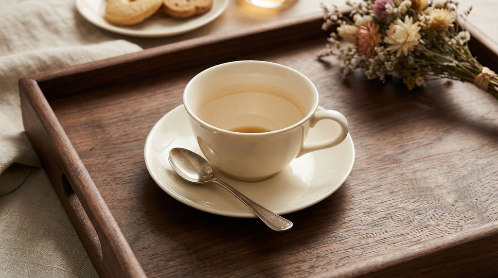 A delicate porcelain teacup and saucer on a dark wooden tray