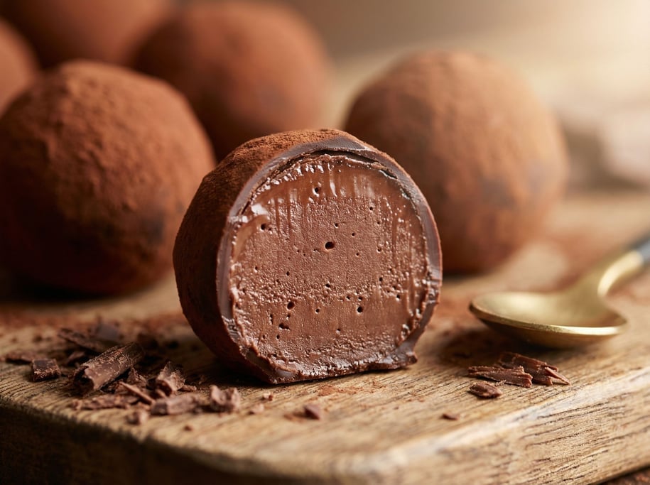 Macro photograph of a chocolate truffle cut in half showing the ganache interior