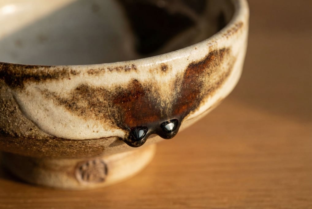 Where two glazes met in the kiln and negotiated: a stoneware bowl rim shows matte white and glossy dark tenmoku flowing together during firing