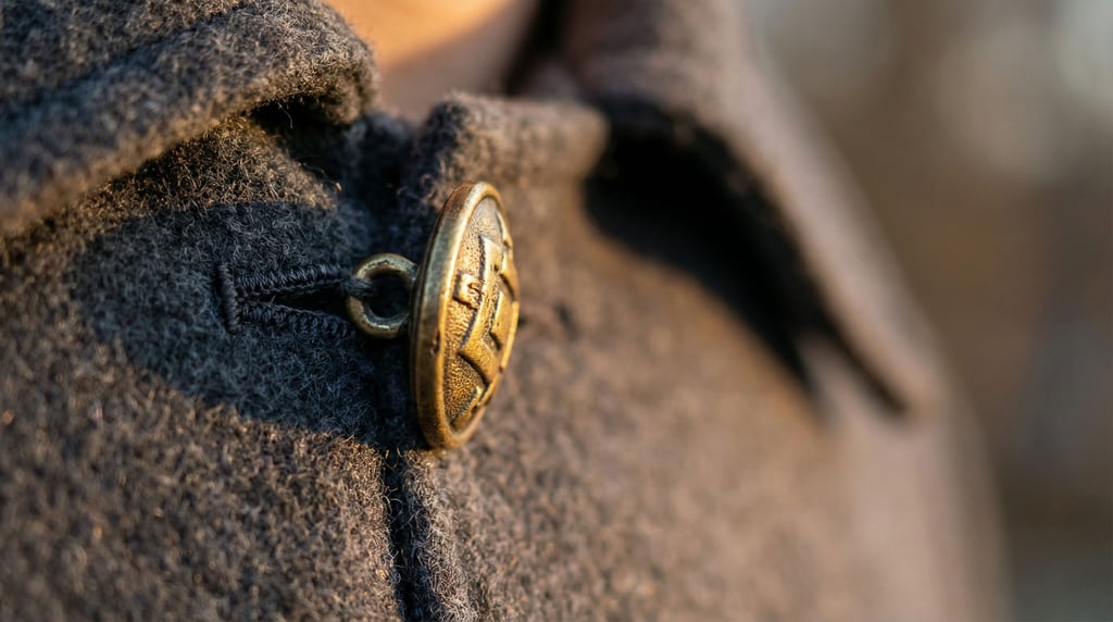Macro shot of a brass button on a wool coat showing the shanked back attachment through the buttonhole
