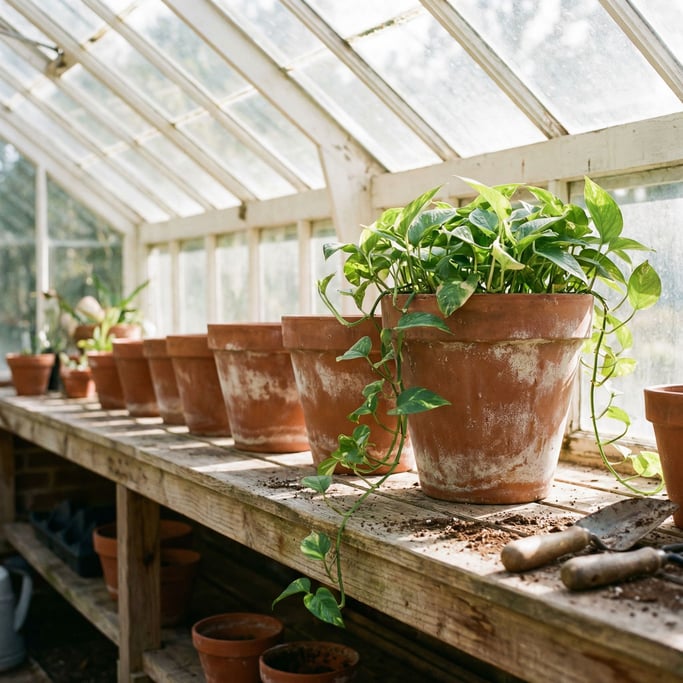 A row of terracotta flower pots in graduated sizes on a greenhouse shelf