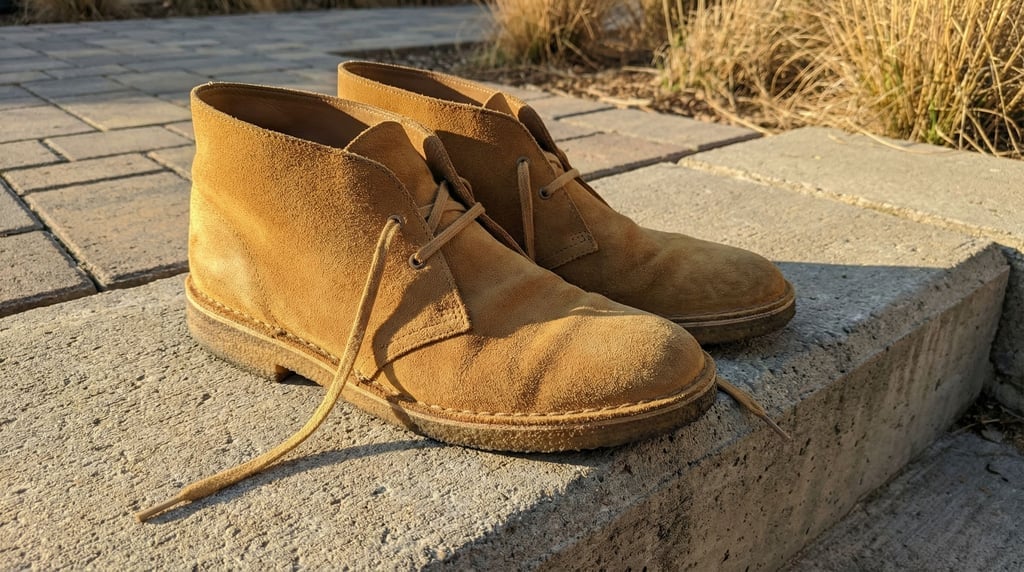 A pair of suede desert boots on a concrete step