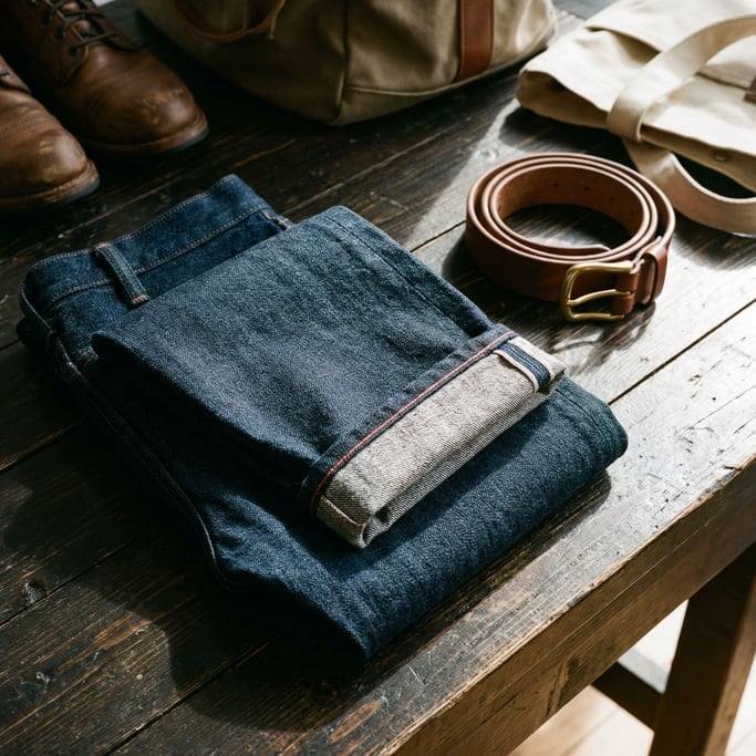 Raw selvedge denim jeans folded neatly on a dark wooden surface