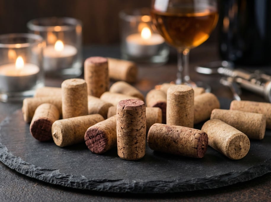 A collection of natural wine corks scattered across a dark slate cheese board