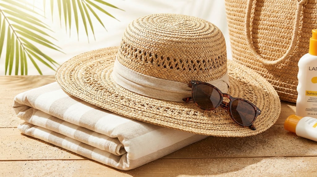 A wide-brimmed straw sun hat resting on a folded linen beach towel