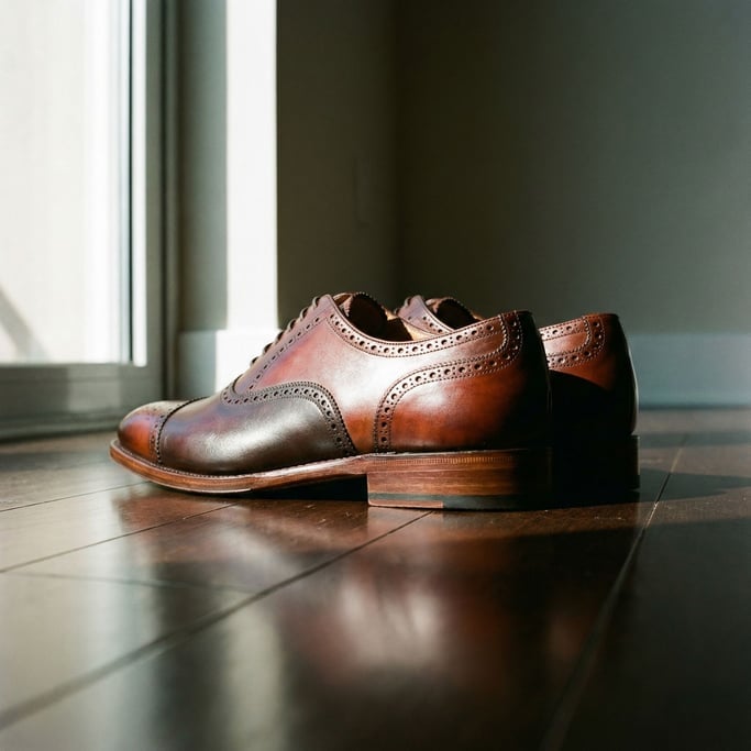 A pair of leather oxford dress shoes on a dark polished wood floor