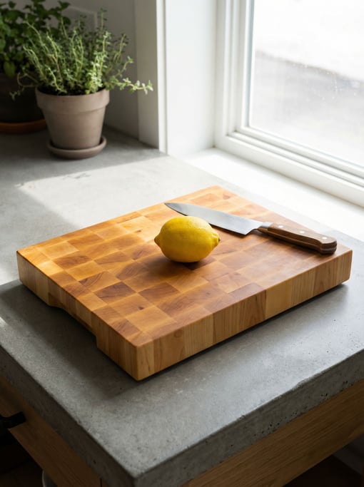 A thick maple end-grain cutting board with a whole lemon and a chef's knife resting on its surface