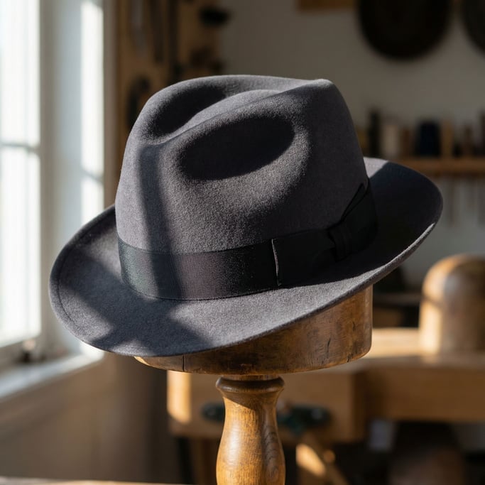 A structured wool felt fedora on a wooden hat stand