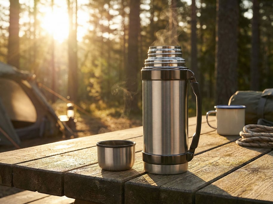 A stainless steel vacuum thermos standing on a weathered campsite picnic table