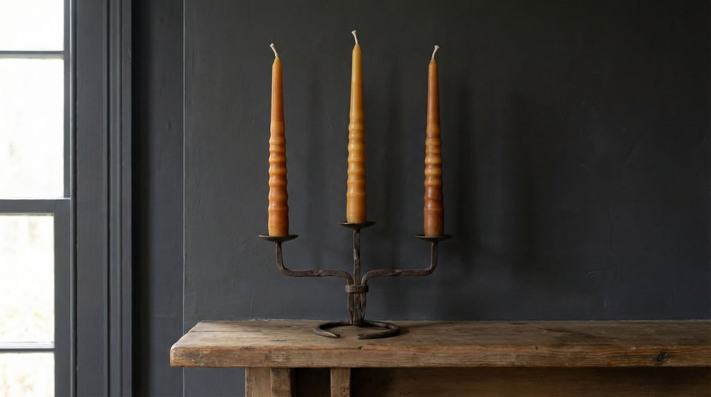 Three hand-dipped beeswax taper candles in a wrought iron candelabra on a mantlepiece