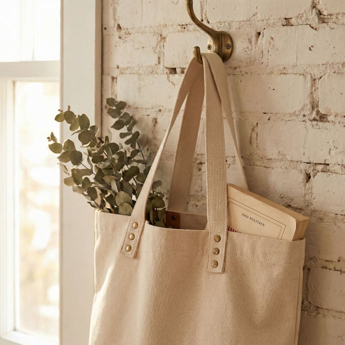 A canvas tote bag hanging from a brass wall hook