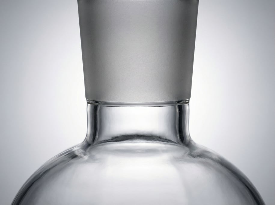 Frosted meets polished: a glass bottle stopper's ground glass joint shows its uniform matte texture from precise lapping