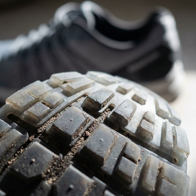 Extreme close-up of a sneaker sole tread pattern showing the geometric rubber lugs in their precise arrangement