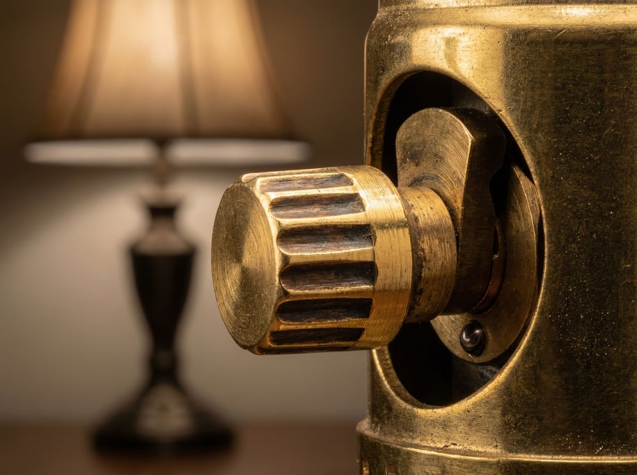 Years of finger contact have polished the high surfaces of a brass lamp switch to bright gold while recessed areas retain a darker patina
