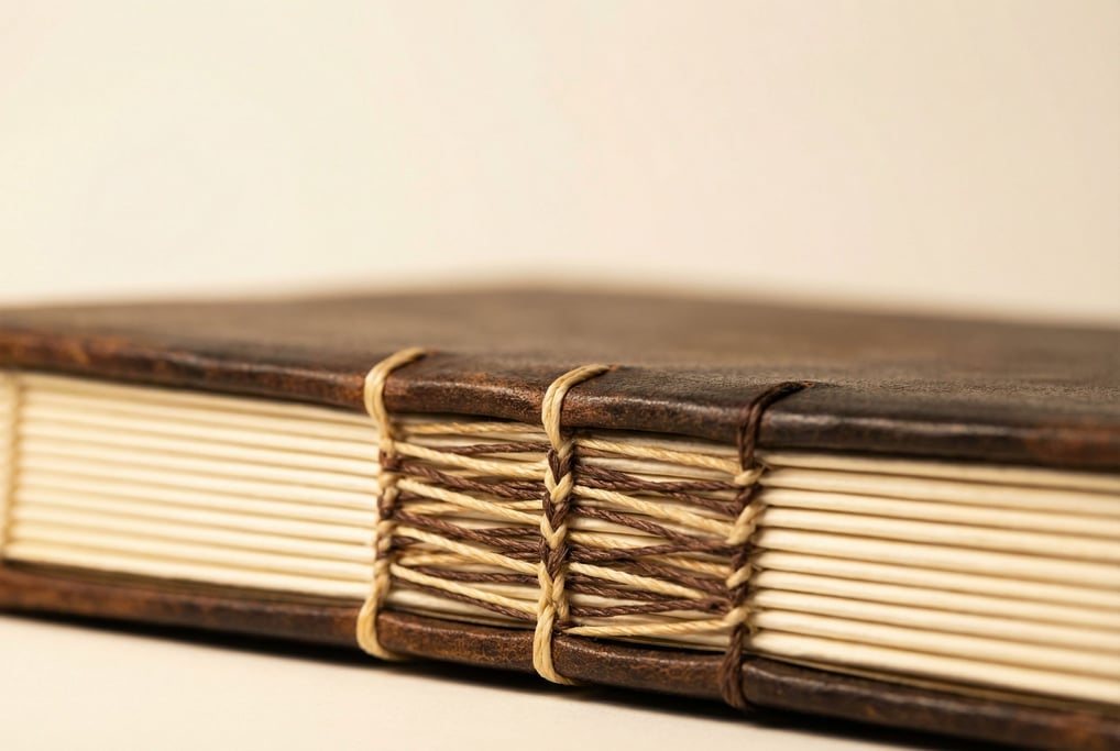 Extreme close-up of a hand-stitched bookbinding spine showing the exposed coptic stitch pattern