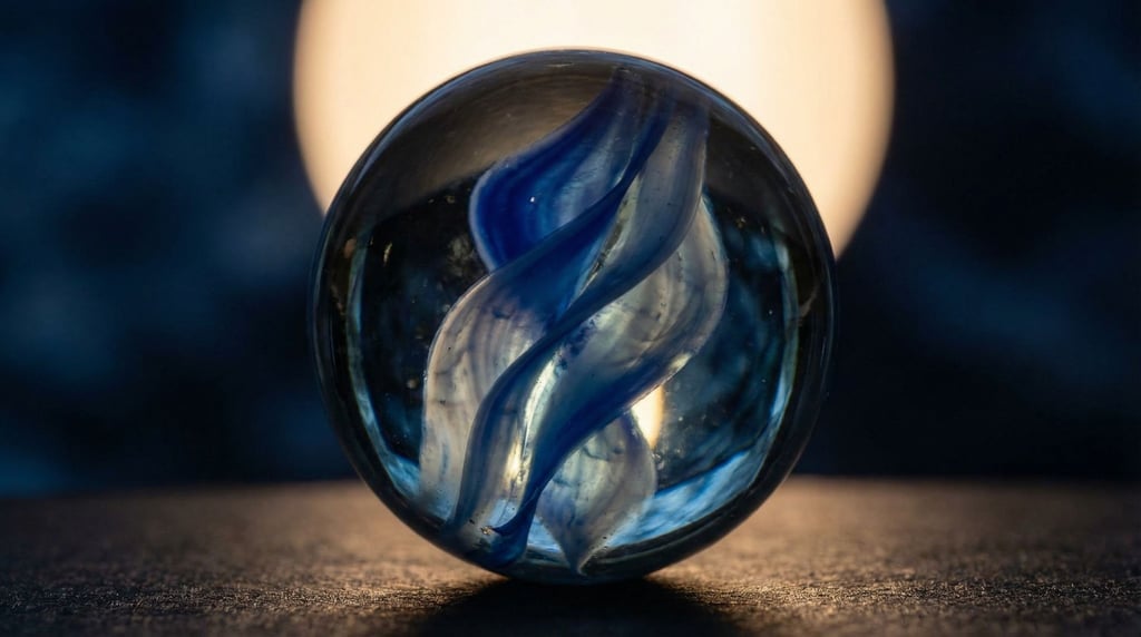 Inside a glass marble: a suspended vane of colored glass creates a cosmic nebula of deep blue and white