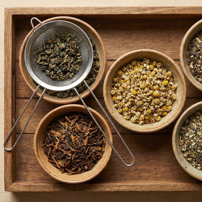 An assortment of loose-leaf teas in small ceramic bowls arranged on a wooden tray