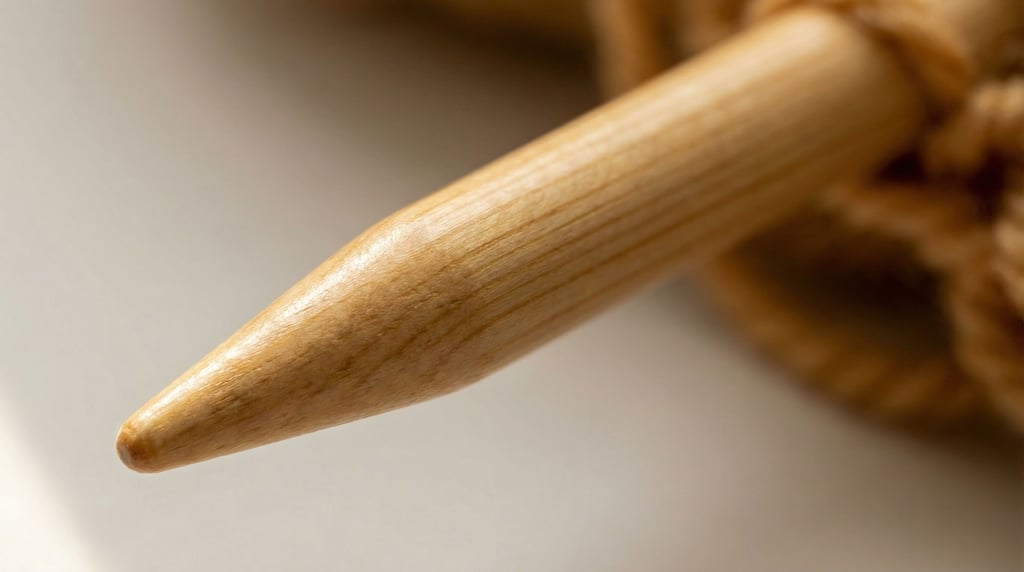 Extreme close-up of a knitting needle tip showing the polished birch wood surface with visible grain running along the tapered point
