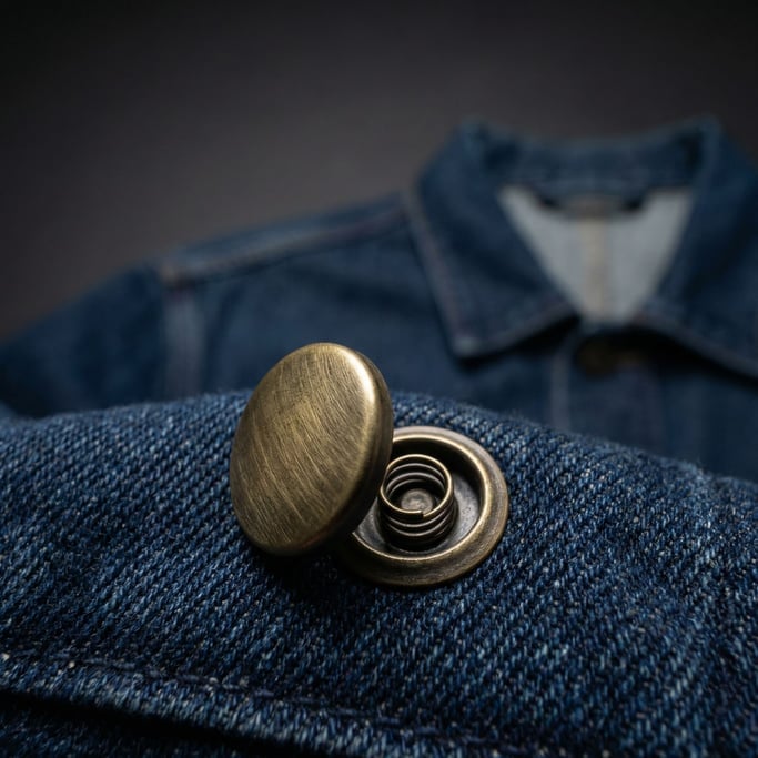 Extreme close-up of a metal snap button on a denim jacket showing the two interlocking components
