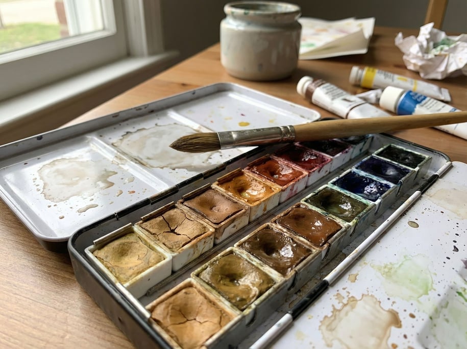 An open watercolor paint set on a wooden desk showing rows of paint cakes in various states of use