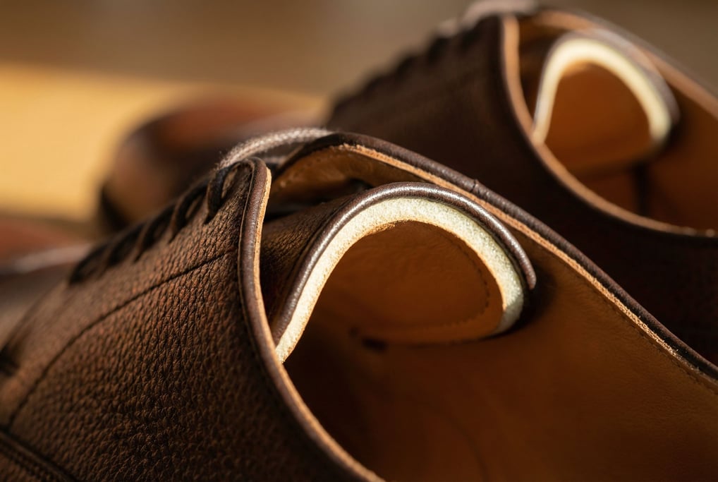 Extreme close-up of a leather shoe tongue showing the padding layer visible at the folded edge