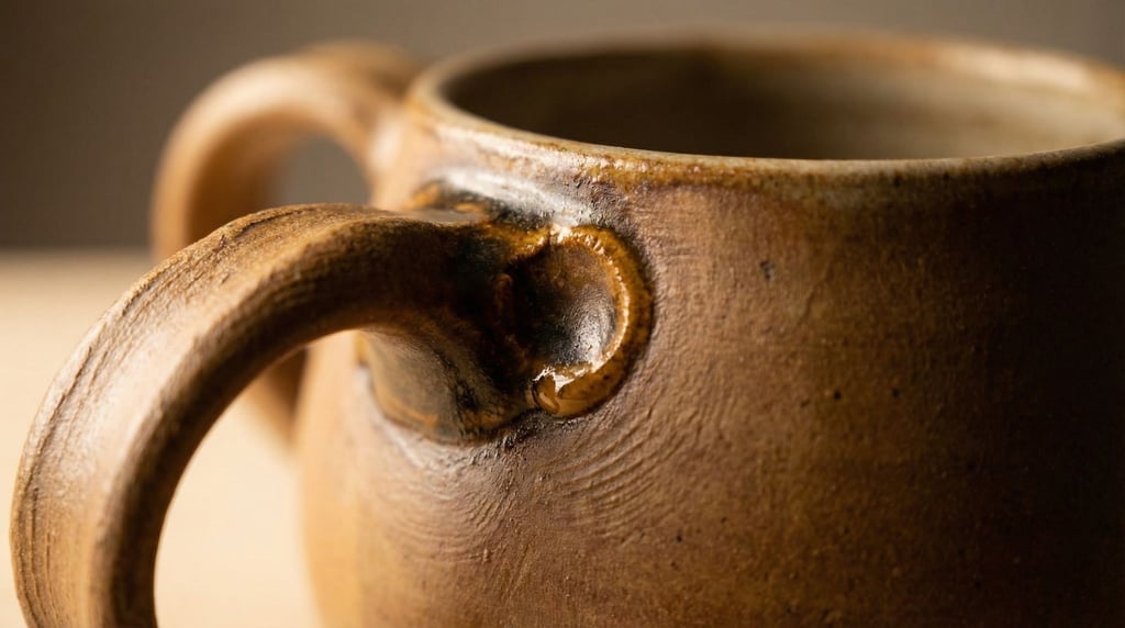 Where the potter's thumb pressed: a ceramic mug handle attachment point shows the impression left when handle met wet clay body