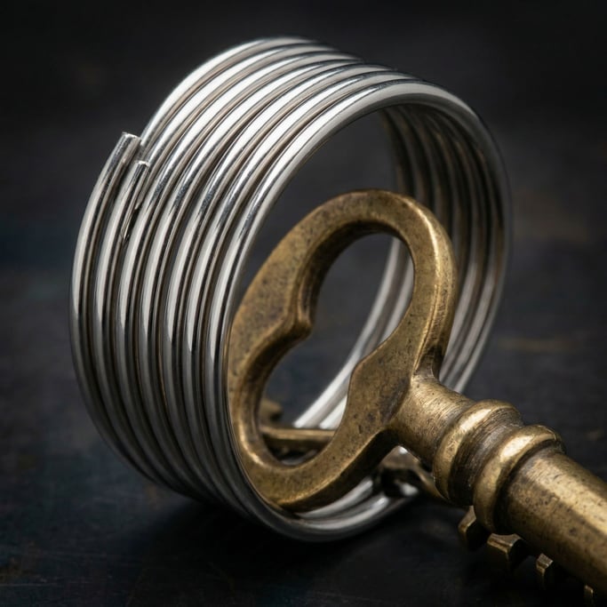 Spring steel wire coils in a tight helix as a key is being threaded onto a key ring